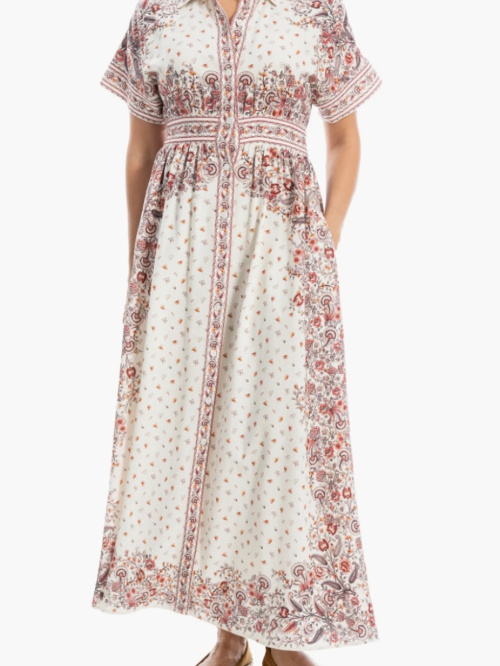 Max Studio Short Sleeve Maxi Shirt Dress in Cream Red NWT Size Medium